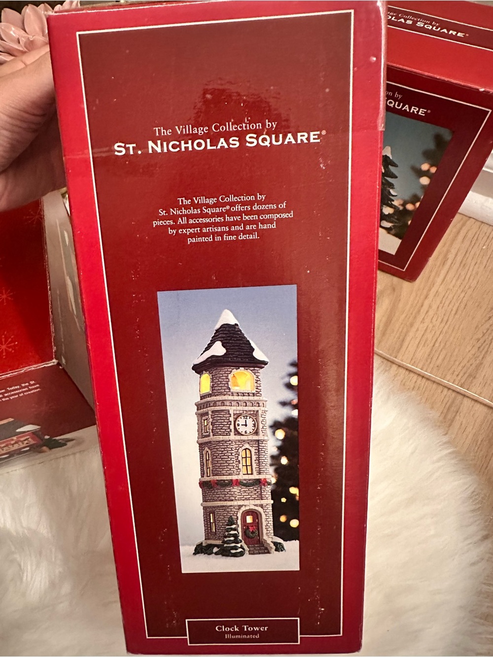 St. Nicholas Square Red and White Illuminated Clock Tower Village Piece